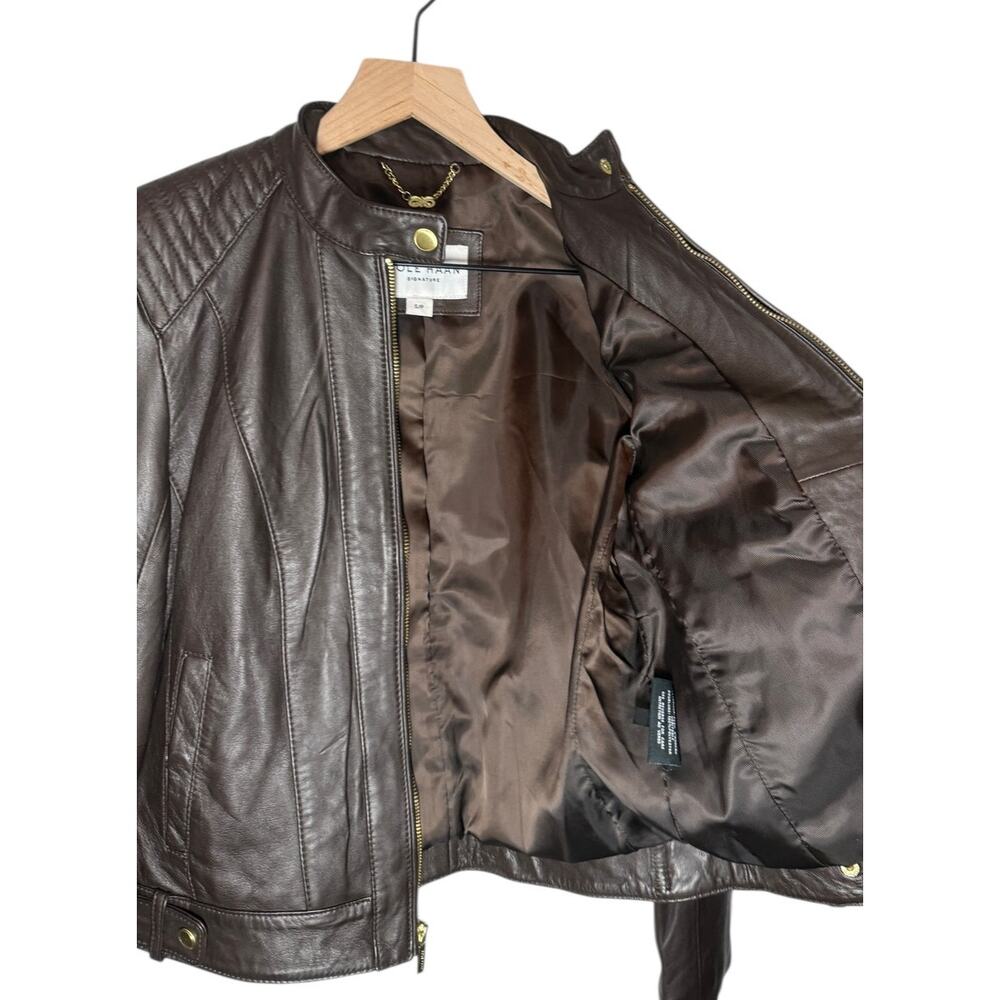 Cole Haan Lambskin Leather Moto Jacket Brown Gold Hardware Small - Picture 5 of 13
